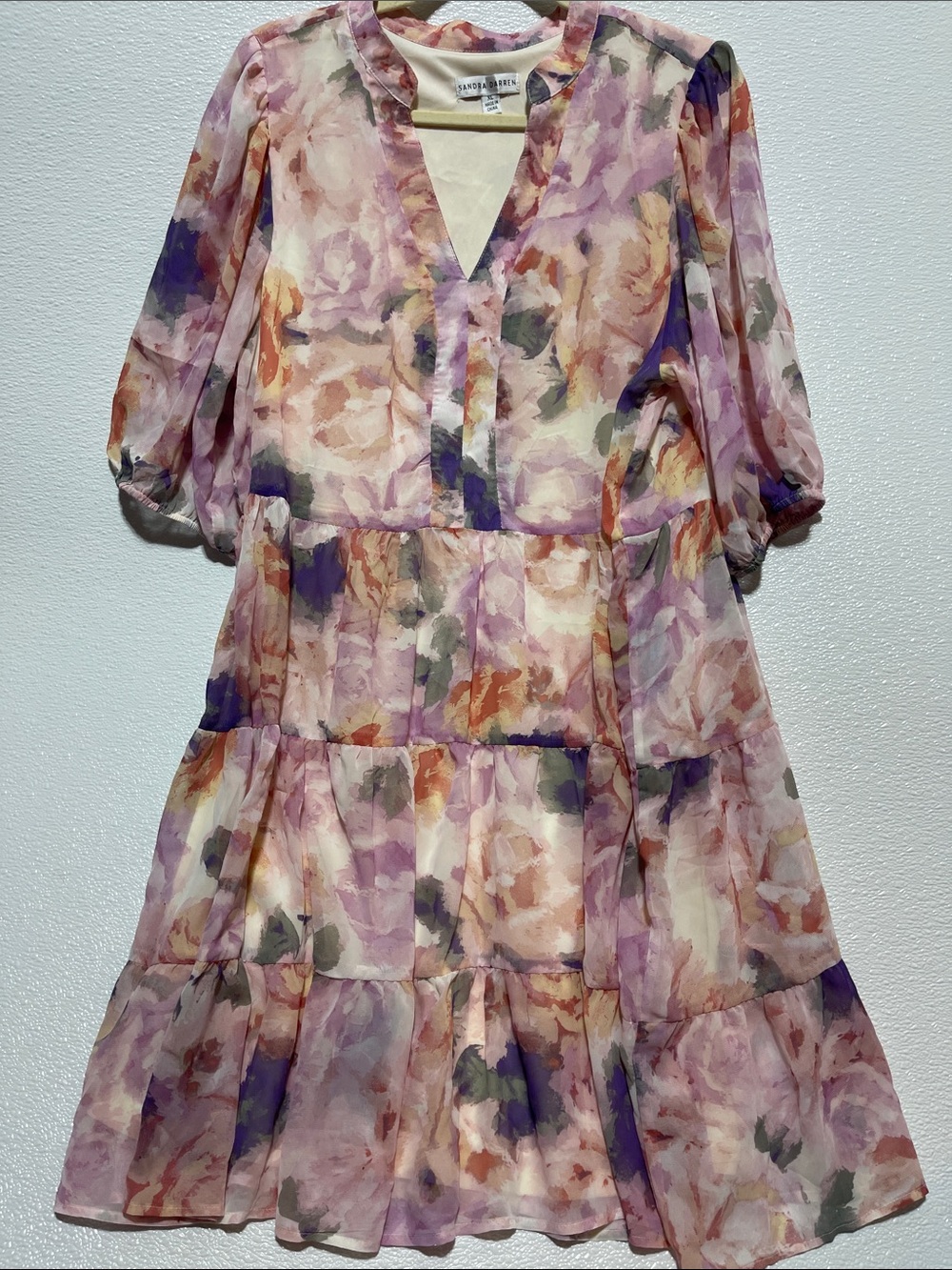 Sandra Darren Lavender Multi Floral Tiered Chiffon Midi Dress